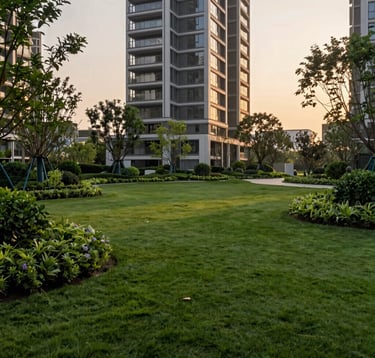 Photography of a lush, manicured green park within a luxury residential complex in Golf Course Extension Road, Gurugram. The background features a modern architectural residential tower with clean lines, warm evening light, and high-end South Asian landscaping.