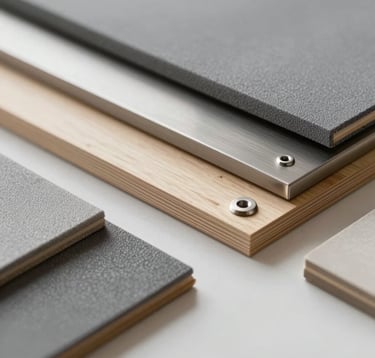 Close-up of premium materials used in production: high-grade marine plywood, brushed steel fixtures, and luxury upholstery samples. The composition is artistic and clean, highlighting the quality of the materials in #4A6D6C and #F2F7F6 tones.