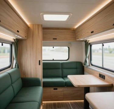 The interior of a bespoke luxury caravan featuring clean lines, light wood finishes (#F2F7F6), and sophisticated dark green (#1C3A3B) upholstery. The lighting is warm and inviting.