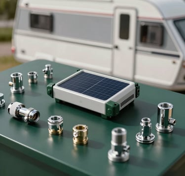 A collection of high-quality caravan and marine hardware, including solar controllers and polished chrome fittings, arranged neatly on a dark green (#1C3A3B) surface, reflecting a premium feel.