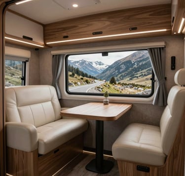 The interior of a high-end custom caravan, showcasing a minimalist and functional design. Polished wood surfaces, cream leather seating, and modern LED lighting. The view through the window shows a scenic mountain pass. Palette includes #1C3A3B and #F2F7F6.