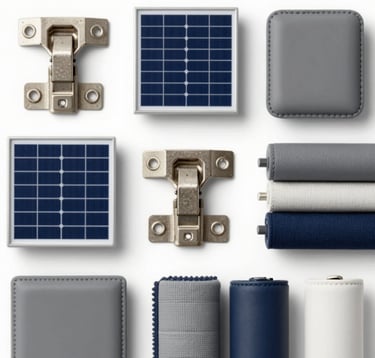 An organized display of high-quality maritime and caravan components, such as marine-grade hinges, solar panels, and specialized upholstery fabrics. The lighting is clean and professional, emphasizing textures. Colors reflect #4A6D6C and #1C3A3B.