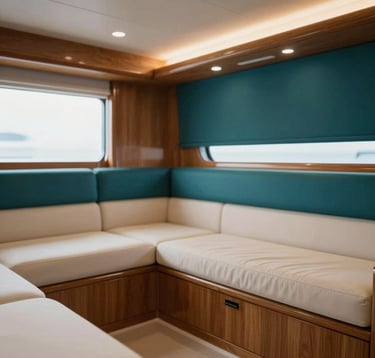 Interior detail of a luxury yacht cabin showing bespoke woodwork and premium finishes. The design is clean and modern, highlighting expert craftsmanship. Soft, warm ambient lighting. Color palette features deep teal accents (#1C3A3B) against light wood and cream textiles (#F2F7F6).
