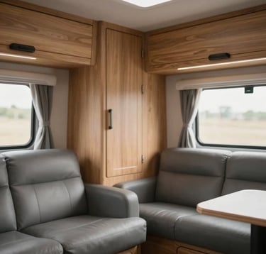 Close-up of a high-end caravan interior showing handcrafted wooden cabinetry and modern leather seating, illuminated by soft natural light. The style is minimalist and premium, featuring a color palette of #F2F7F6 and #4A6D6C accents.
