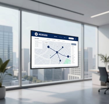 A high-end, bright corporate logistics office interior with floor-to-ceiling windows overlooking a modern cityscape. A digital screen shows a map of trade routes. Clean, professional, and airy. Colors: #E0E6EB, #4C6A89.