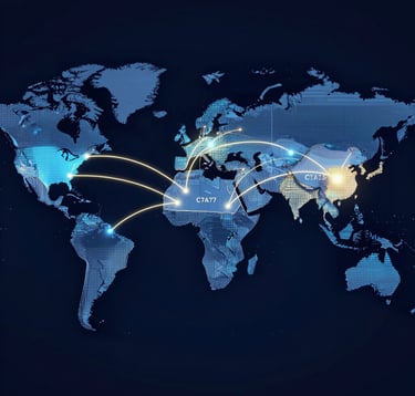 A sophisticated digital world map visualization with glowing nodes in Egypt and the US, connected by elegant arcs. A clean, high-tech corporate aesthetic. Colors: #0A1D34, #4C6A89, and #C7A77E for the trade paths.