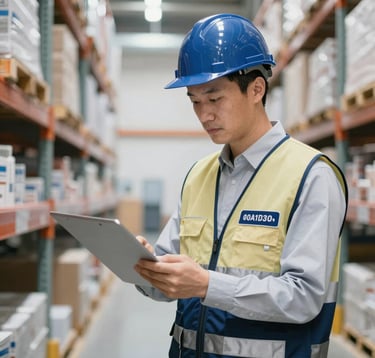 Detailed shot of a professional quality inspector wearing a branded vest, examining goods in a modern, clean warehouse. Lighting is bright and corporate. Colors: #0A1D34, #E0E6EB, and accents of #C7A77E.