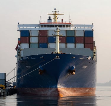 A sharp, eye-level photograph of a massive container ship docked at the port. The hull is a muted steel blue, accented by deep navy. The composition focuses on the sheer scale of the vessel against the pale mist morning sky, reflecting a sense of modern operational efficiency.