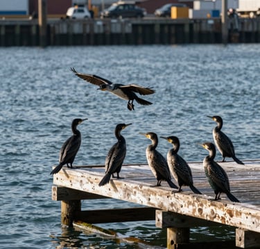 Action shot of a group of cormorants perched on a weathered wooden pier in the harbor. The water is a slate blue, and the lighting is crisp morning sun, highlighting the natural beauty within the industrial port environment.