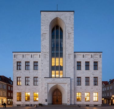 A stunning architectural photograph of the Zuraw (The Great Crane) in Gdansk. The structure is captured during the blue hour, with warm interior lights contrasting against the Slate Blue sky and Soft Frost White stonework nearby.