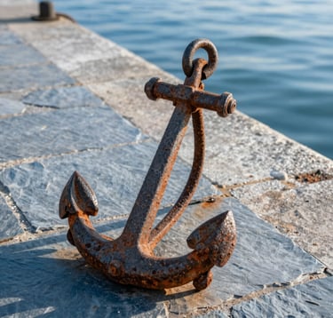 A detailed close-up photograph of a vintage anchor resting near the waterfront. The texture of the rusted iron contrasts with the clean, modern soft slate blue stone of the pier. The lighting is bright and inspiring, typical of a clear morning.