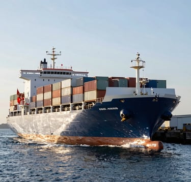 A high-contrast photograph of a massive white and Midnight Navy Blue container ship gliding through the port channel. The sun is high, making the Soft Frost White hull gleam against the Slate Blue water.