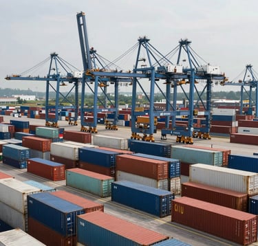 A high-angle shot of the container terminal. Rows of colorful shipping containers are stacked neatly, with giant slate blue gantry cranes standing tall above them. The composition is clean and modern, emphasizing operational efficiency.