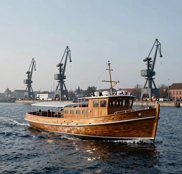 A medium shot of a classic wooden tour boat sailing through the harbor. The water is a deep navy with soft slate blue ripples. In the background, the iconic Gdansk shipyard cranes rise elegantly into a pale mist sky.