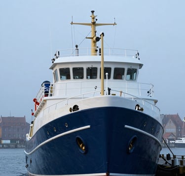 A striking close-up of a classic harbor vessel in Gdansk, its hull painted a deep navy blue with cloud white trim. The background shows the misty blue outlines of the historic port district under soft, elegant lighting.