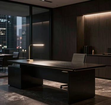 A sophisticated, dimly lit interior of a high-end office suite in a major international financial hub. Focus on a heavy, minimalist obsidian desk with a single, subtle gold light fixture. Atmosphere of deep focus.