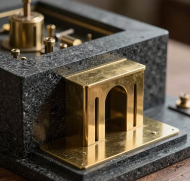 A detailed close-up of a precision-engineered architectural model made of dark stone and brass, reflecting a mood of intellectual precision and exclusive control. High-end North American / International Business editorial style with soft, directional lighting.