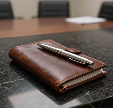A close-up, sharp-focus photograph of a high-end leather portfolio and a premium metallic pen on a black marble table. The background is a blurred North American executive boardroom. Muted lighting.