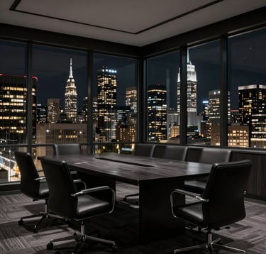 An interior shot of a sophisticated, dark-toned boardroom with deep black furniture and large glass windows overlooking a North American / International Business skyline at night. The lighting is low and focused, using charcoal gray and muted gold accents.
