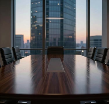 High-end architectural photography of a dark boardroom table in a high-rise office at dusk, cinematic light reflecting off polished wood, North American / International Business atmosphere, minimalist and precise.