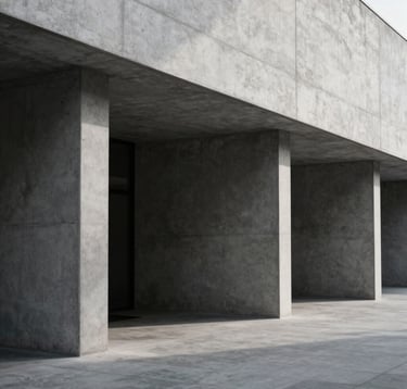 A minimalist, architectural shot of a concrete corridor in a modern North American business center. High contrast between light and shadow, emphasizing clean lines and structural integrity. Muted gray and black tones.