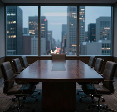A dimly lit boardroom in an international financial capital. A single, dark wooden table with no objects. Large windows overlooking a blurred city at night. Cinematic and cold.