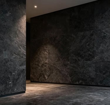 The interior of a high-end minimalist lobby with dark stone walls and a single point of light. Architectural and calm. North American / International Business context.