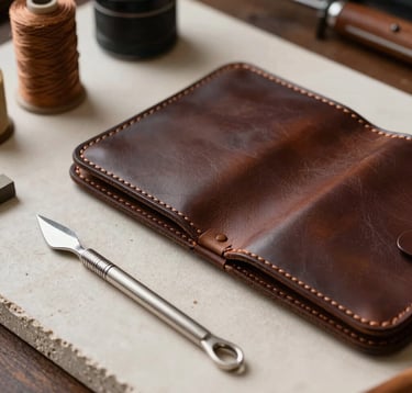 A premium, close-up photograph of a luxury leather artisan's desk in a Western European studio. A partially completed leather portfolio in deep bronze is visible. High-quality silver tools and thick thread rest on an off-white stone surface. Soft, professional studio lighting focuses on the texture.
