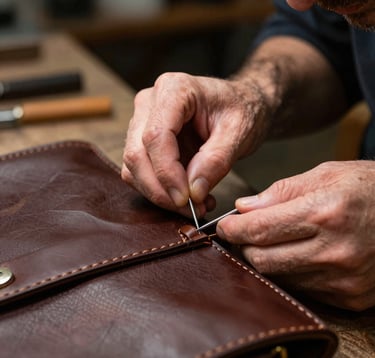 Close-up photography of a master craftsman in a Western European atelier working on a premium leather bag. The focus is on the intricate hand-stitching with metallic silver needles and high-quality dark brown leather, illuminated by soft, focused studio lighting.