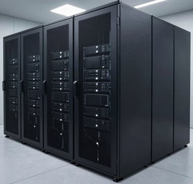 A clean, minimalist photograph of a high-tech server room in a North American facility. Rows of sleek black server racks with small silver indicators. The lighting is low and professional, emphasizing precision and modern technology.