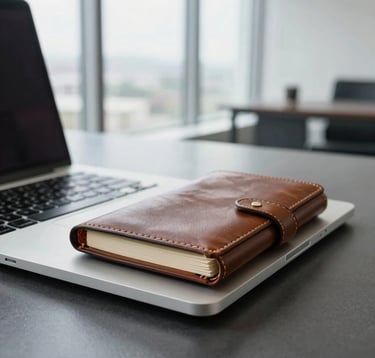 A close-up photograph of a premium silver laptop and a leather-bound journal resting on a polished dark charcoal desk. The background is a blurred, minimal executive office in Western Europe with floor-to-ceiling windows. The composition is clean and focused, using soft natural light to highlight textures.