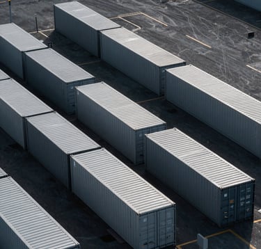 A minimalist, high-angle photograph of a clean, modern logistics terminal. Organized rows of silver and dark gray shipping containers are set against a dark charcoal ground. The lighting is the crisp, early morning light of a North American port. No clutter, very structured.