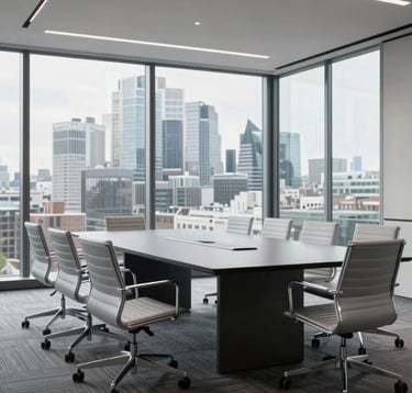 A wide-shot photograph of a minimalist executive boardroom in London. A large, dark charcoal table is surrounded by modern silver chairs. A city skyline is visible through the floor-to-ceiling windows. The scene is bright, calm, and professional, representing a stable corporate foundation.