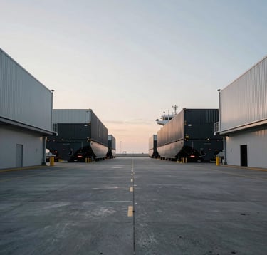 A wide, minimalist shot of a clean and quiet modern shipping terminal at dawn. The color palette consists of soft silvers, greys, and blacks. The composition is highly symmetrical, suggesting order and logistics expertise in a North American port setting.