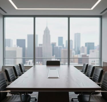 A clean, professional photograph of a minimalist board room in North America, featuring a large dark wood table, silver accents, and floor-to-ceiling windows showing a bright, soft-focused urban skyline.
