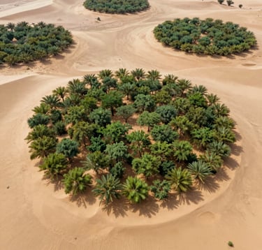 Wide-angle drone shot showing a vast desert area where circular patches of green forest are beginning to grow. The contrast between the sand and the healthy #9CB887 plants is striking. Inspiring and hopeful mood.