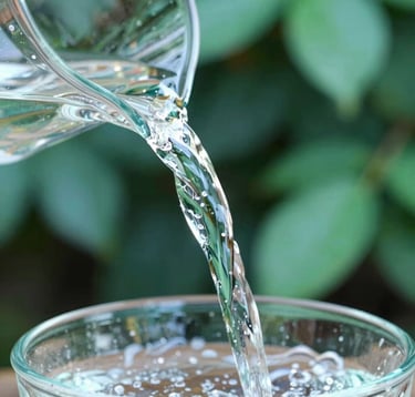 Macro shot of pure, crystal clear water being poured into a sustainable vessel, with soft focus on lush green foliage in the background. Lighting is bright and trustworthy, featuring #306B70 teal highlights.