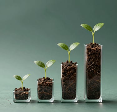 An abstract, professional visualization of growth: a series of increasing glass bars containing soil and seedlings, symbolizing financial growth through environmental impact. Features #306B70 and #1C3A2D tones.