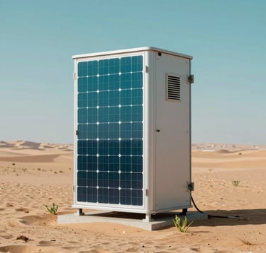 High-tech solar-powered water desalination unit standing in a desert, clean industrial design, reflecting a deep #306B70 teal sky, with a few fresh green sprouts at its base.