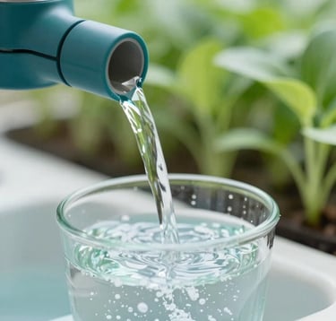 Close-up of a high-tech water filtration system showing crystal clear water flowing, with soft focus on a background of sprouting green plants, featuring colors like #306B70 and #9CB887.