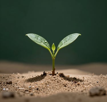 Professional studio shot of a young, green plant sprout emerging from dry desert sand, illuminated by a spotlight, symbolizing hope and sustainable success. Clean composition with dark green tones.