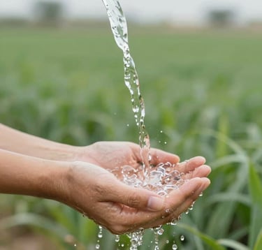 A close-up shot of crystal clear water being poured into hands, symbolizing abundance and life, with a blurred background of a flourishing green desert farm. Soft, trustworthy lighting, incorporating the brand's sage green palette.