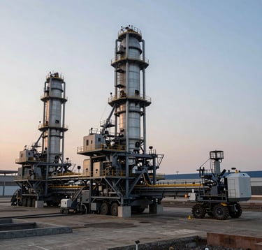 High-end photography of a modern industrial mining operation in a Global / Emerging Markets region. Sophisticated machinery against a vast landscape at dawn. The composition is clean and authoritative, with professional lighting.