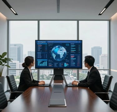 An interior shot of a minimalist, luxury boardroom in a high-rise office. Two professional executives, dressed in high-end corporate attire, are reviewing digital data on a large screen. The atmosphere is quiet, authoritative, and sophisticated, with a view of a global city through the window.