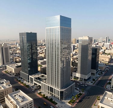 An aerial drone photograph looking down on a modern, well-planned residential and commercial district in a city in the Middle East or Southeast Asia. The architectural design is contemporary and clean, bathed in bright, clear daylight with pale blue sky reflections.