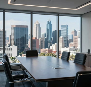Interior photography of a modern, minimalist boardroom overlooking a vibrant Global / Emerging Markets city skyline. Polished surfaces, deep navy and light blue accents, atmosphere of rigorous professionalism and trust.