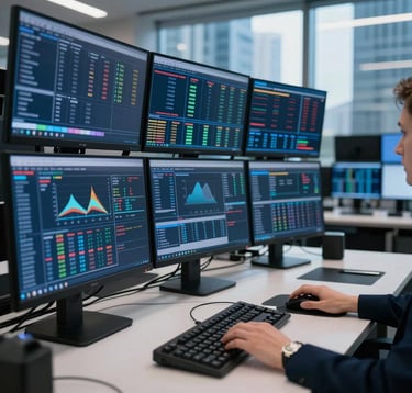 A sharp, focused photograph of a high-tech financial trading desk with multiple monitors displaying data, set in a sleek, professional office in a city like Singapore or Dubai. Global / Emerging Markets. Deep blue tones.