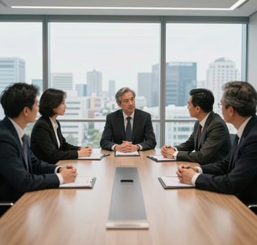 A group of professional advisors in formal attire engaged in a strategic discussion within a modern, minimalist boardroom. Large windows reveal a cityscape from a Global / Emerging Markets region. The lighting is clean and sophisticated, focusing on trust and expertise.