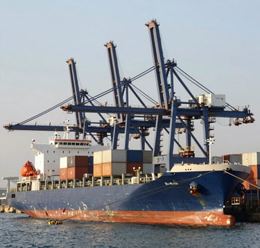 A sharp, focused photograph of an industrial port in Global / Emerging Markets during daytime. Large merchant ships are docked alongside high-tech cranes. The color palette includes steel blue and off-white tones, emphasizing commodity flow and execution excellence.