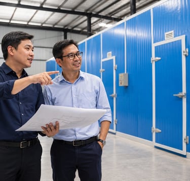 Two male engineers discussing technical blueprints inside a modern industrial cold storage warehouse facility.